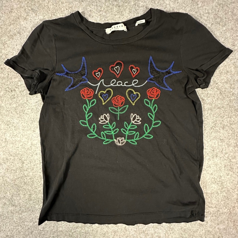 Sandro Paris Peace Graphic T-Shirt Womens Small Black Embroidered Hearts Birds